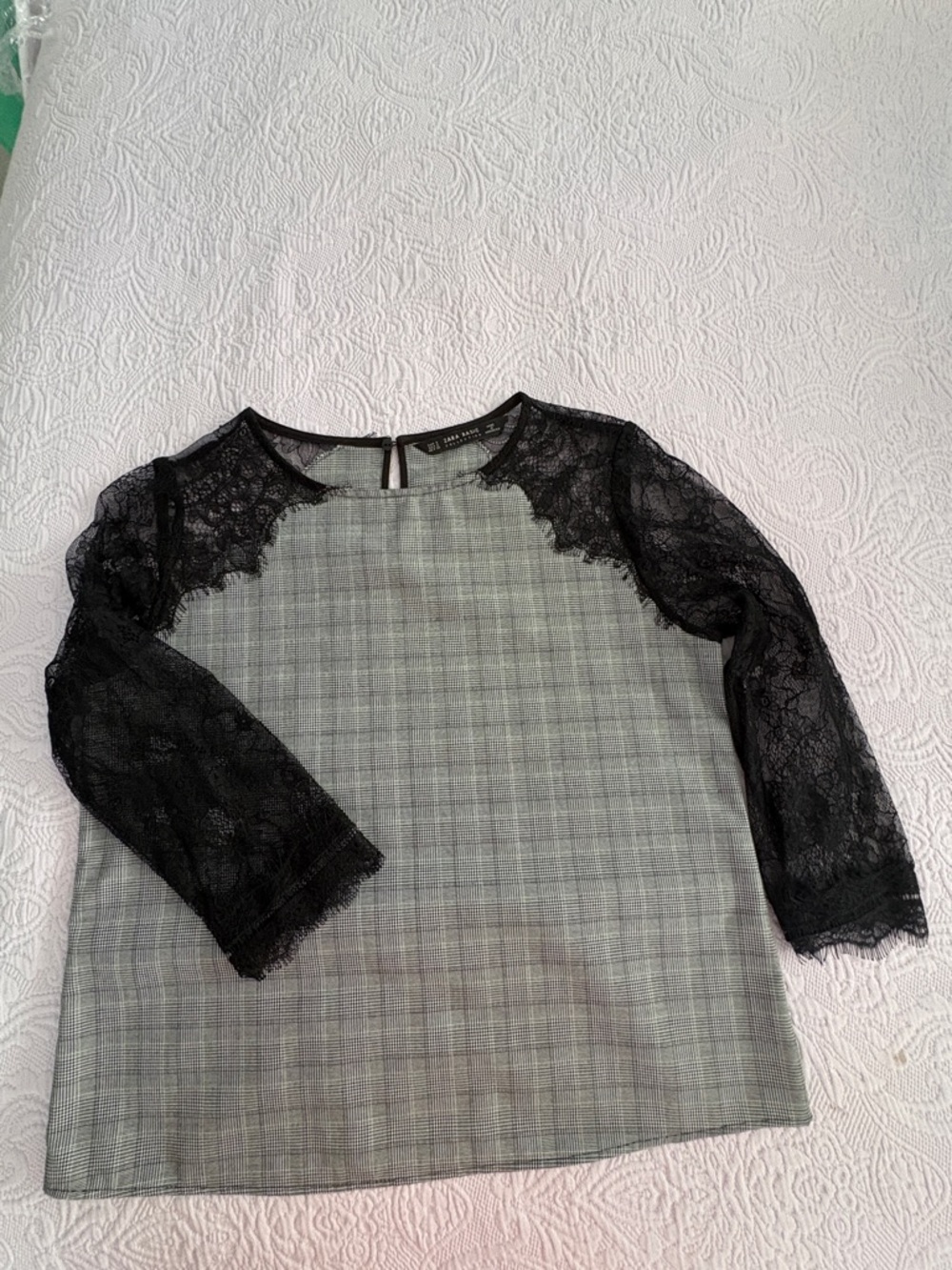 Zara Basic Collection Black Plaid Top With Black Lace 3/4 Sleeves